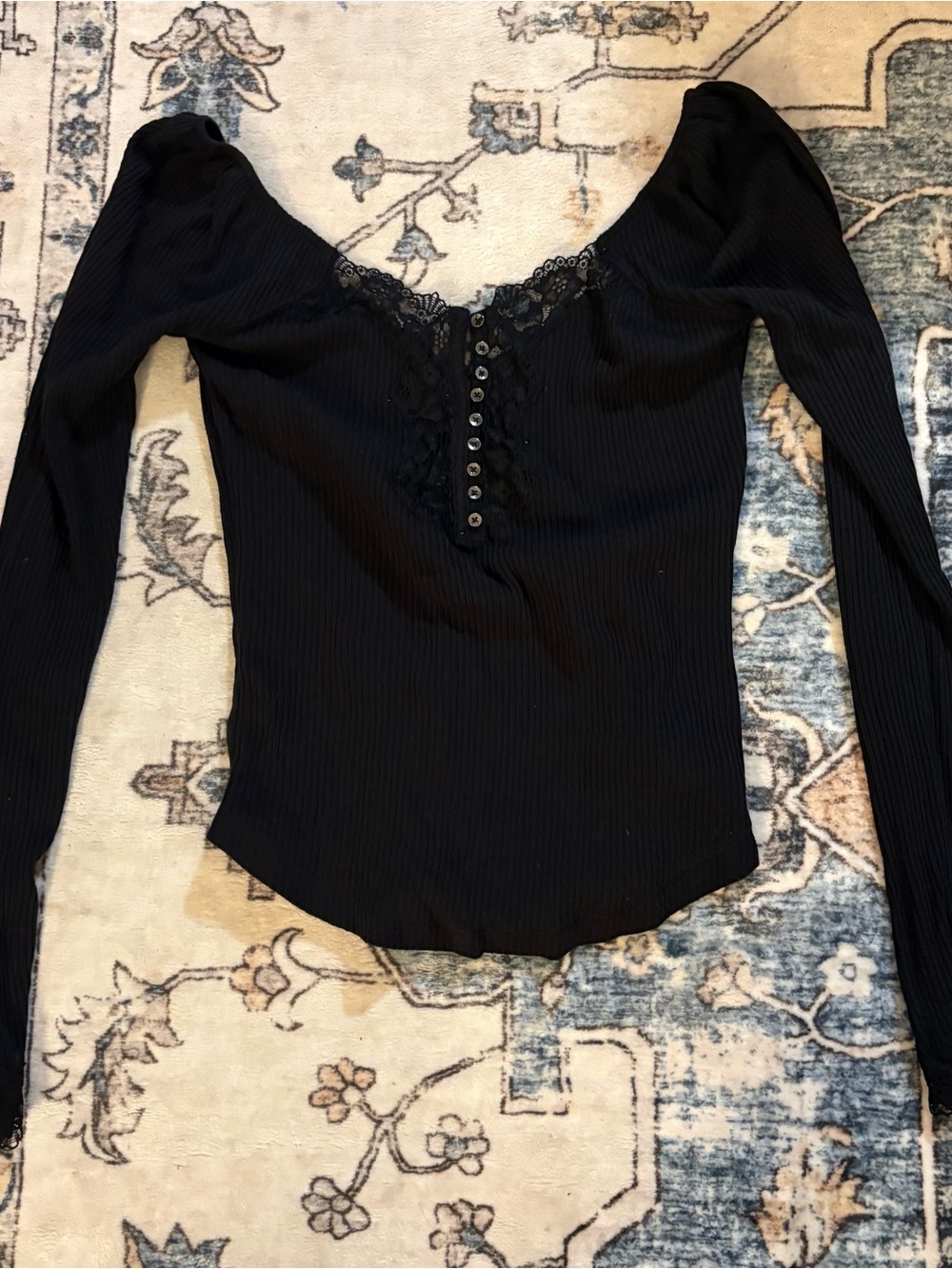 Free People Black Ribbed Long-Sleeve Lace-Trim Henley